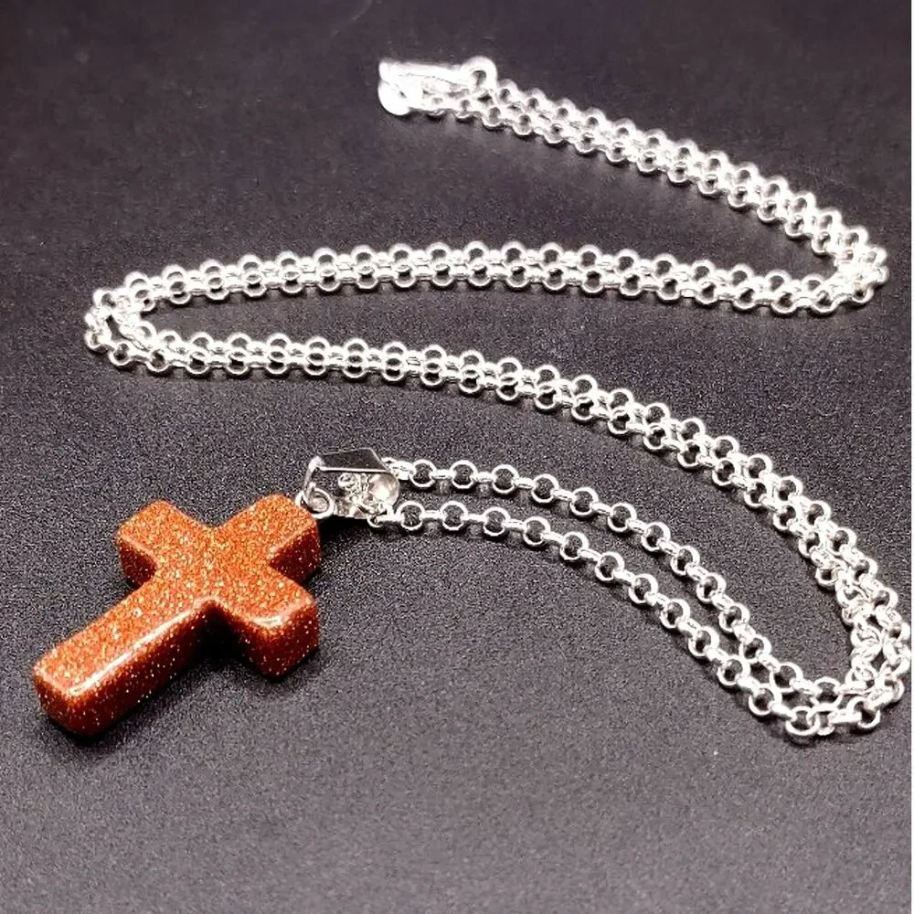 925 Silver Necklace W/ Brown Goldstone Cross Vtg Boho Anniversary Birthday Gift